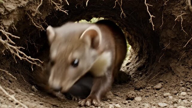 Two Tasmanian devils emerge from a burrow in their natural habitat.