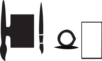 Fototapeta premium Black silhouette icons of art supplies including paintbrushes, a palette, and a canvas on white