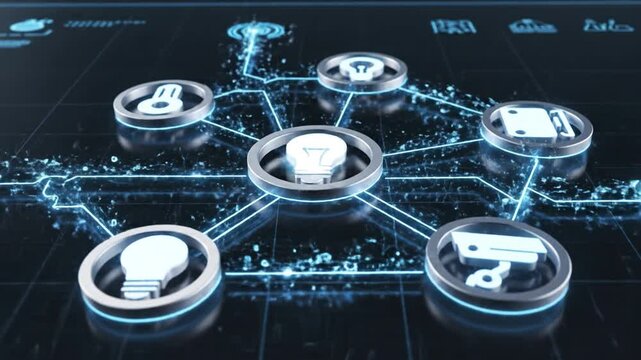 Smart lighting network concept connecting energy icons with glowing circuit lines and futuristic interface glowing metallic icon dark grid highlighting central idea symbol with blue light