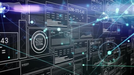 Data panels grid forming triggers pulsing nodes sweeping beam highlighting codes to visualize data