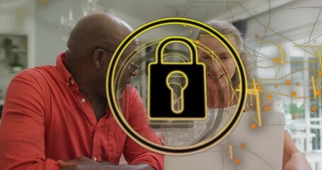 Man leaning in at laptop with woman initiating padlock icon growing swirling ensuring data security - Powered by Adobe