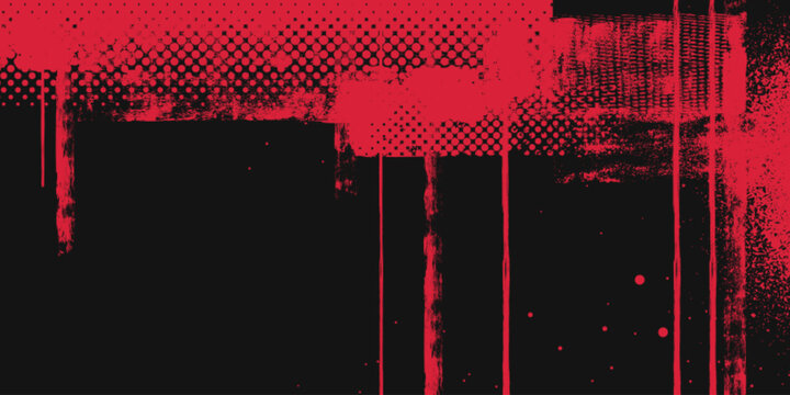 Urban punk background with neon red paint brushes, splatter effect. Vector realistic illustration of black street wall with grunge color texture, halftone dots, distress scratches, rough lines