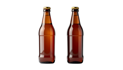 Two brown glass bottles with golden caps, filled with a liquid against a black background