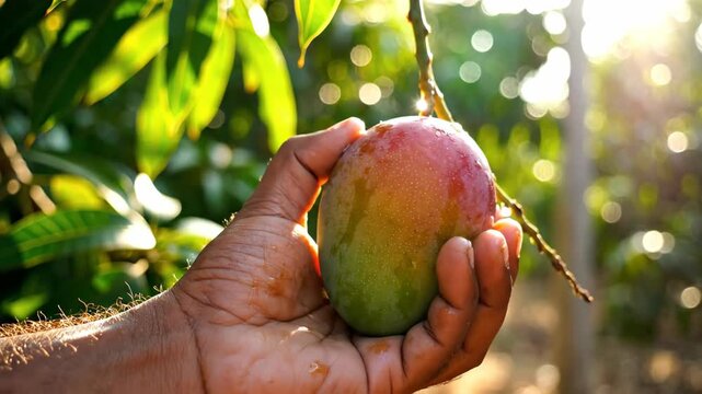 Hand holding ripe mango on tree in sunlight.