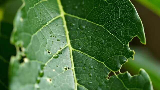 Close-up of a green leaf with water droplets and insect damage.