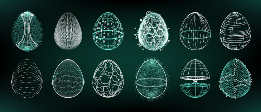 Easter eggs set in digital tech style. Vector realistic illustration of futuristic neon egg with holographic wireframe, circuit and geometric dot pattern on shell, modern greeting card design elements