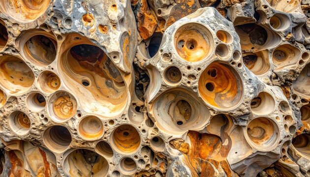 Close-up of weathered rock with honeycomb-like cavities and rounded holes in earthy tones, showcasing tafoni erosion, geological texture, and natural sculpting in a rugged sedimentary formation.