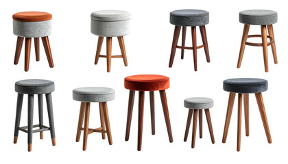 Collection of nine different small stools with wooden legs and various colored seats