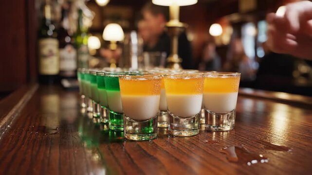 Row of layered Irish flag shots on a wooden bar counter for St. Patrick's Day. Hand taking tricolor alcoholic shooters in a pub. Celebration and nightlife concept