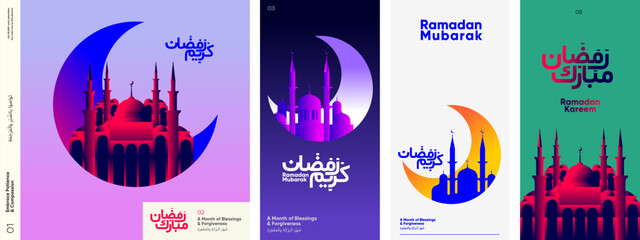 A vibrant collection of Ramadan-themed illustrations featuring mosques and crescent moons. The designs incorporate Arabic calligraphy and convey messages of blessings, forgiveness, and compassion