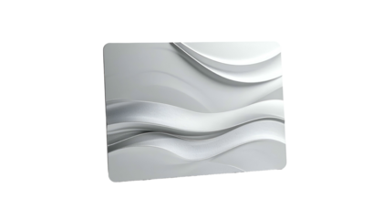A 3D rendered, abstract, flowing wave design in shades of gray on a rectangular panel