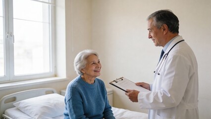 Obraz premium Doctor consulting elderly patient in hospital room