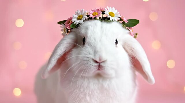 Cute white rabbit wearing a flower crown on a pink background. Fluffy bunny with floppy ears chewing and twitching its nose. Easter holiday concept with bokeh lights