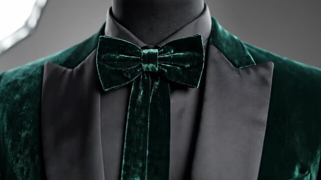 Green velvet tuxedo jacket with bow tie on a mannequin. Studio shot of elegant formal menswear fashion. St. Patrick's Day style outfit