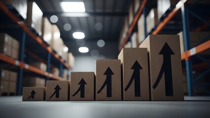 Cardboard boxes with rising arrows in blurred warehouse. Logistics growth and e-commerce success. Shipping packages stacked in storage facility showing increasing sales performance
