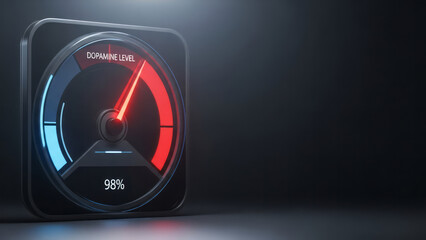Naklejka premium Dopamine Level Gauge at 98% Mood Motivation Digital. Concept featuring dopamine, gauge, level, mood, motivation.