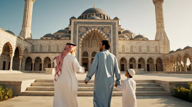 Muslim family walking towards a grand mosque while holding hands. Father and son in traditional thobes and ghutras. Ramadan and Eid celebration concept. Cinematic low angle tracking shot