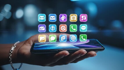 Hand holding smartphone with colorful floating app icon hologram and glowing digital touchscreen interface conveying mobile communication technology innovation with social notification alert - Powered by Adobe