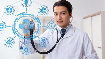 Doctor with stethoscope and digital icons