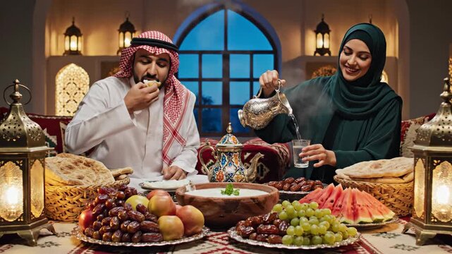 Arab couple having Iftar dinner during Ramadan. Muslim man and woman in traditional clothing breaking fast with dates and food at home