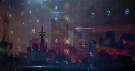 Animation of cyber attack warning over cityscape on red background - Powered by Adobe