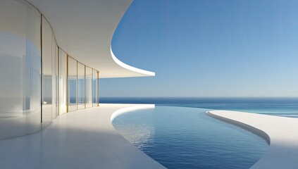 Obraz premium Modern architectural design with a curved structure, pool, ocean, and clear blue sky