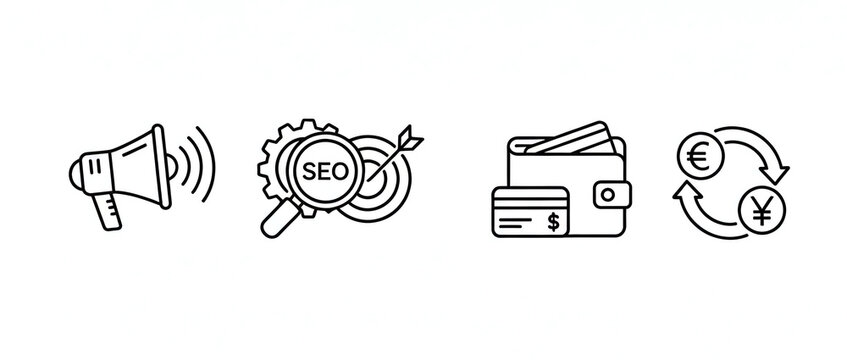 Set of Minimalist Business and Finance Icons: Marketing Megaphone, SEO Strategy, Wallet for Payments, and Global Currency Exchange Symbols in Thin Line Style on White Background.