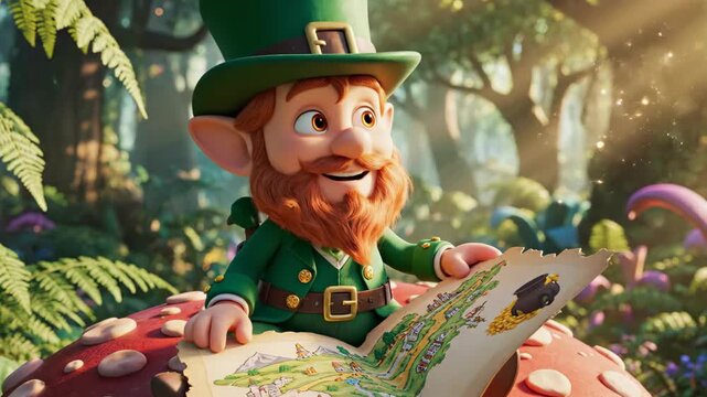 Cute 3D animated leprechaun sitting on a mushroom reading a treasure map in a magical forest. St. Patrick's Day cartoon character searching for gold and planning a route