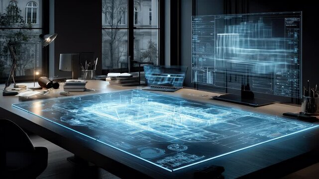 Futuristic design workstation with glowing blueprint and holographic interface illustrating architectural plans with digital technology and modern workspace elements