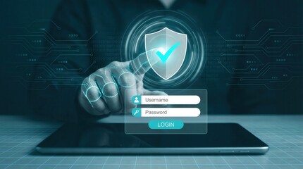 A hand touches a glowing security shield with a checkmark above a login form on a tablet in a dark high tech setting with circuits for data protection and cyber security