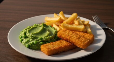 Plate of fish fingers, chips, and peas