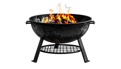 A charcoal grill with flames and glowing embers, set against a black, transparent background