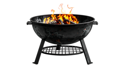 A charcoal grill with flames and glowing embers, set against a black, transparent background