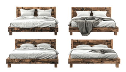 Four front-view images of rustic wooden beds, each with white linens & some with a gray throw