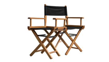 A wooden director's chair with black canvas seat and back, isolated on black background