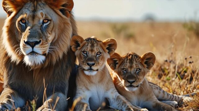 A majestic lion with two playful cubs resting together in the wild, showcasing the beauty of family bonds in nature.