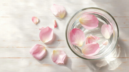 Pink rose petals floating in water bowl on wooden surface