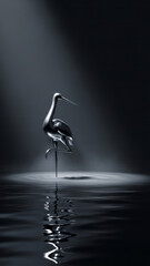 Fototapeta premium Elegant Crane in Monochrome Reflection Bird Water Artistic. Concept featuring crane, bird, monochrome, reflection, water.