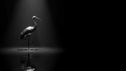 Fototapeta premium Polygonal Crane in Dark Water 3D Art Dark Background Water Reflection. Concept featuring crane, polygonal, 3d art, dark background, water reflection.