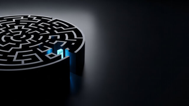 Circular Maze with Illuminated Exit Glowing Problem-Solving Pathways. Concept featuring maze, circular maze, exit, glowing, problem-solving.