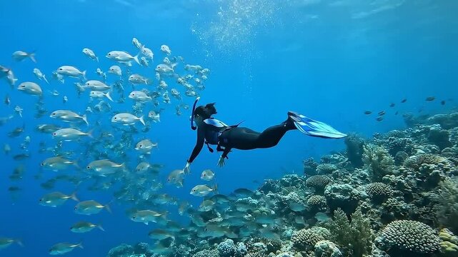 A scuba diver swims in the ocean, surrounded by a school of silver fish, near a coral reef