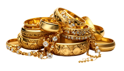 A radiant pile of golden rings, bracelets and chains, some with sparkling gems