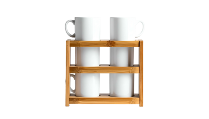Six white ceramic mugs stacked on a wooden rack, set against a black background