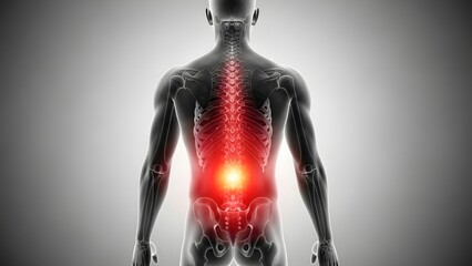 Human spine with red glowing pain center on anatomical body. Chiropractic care and back health. 3D medical illustration of a male torso showing spinal injury and inflammation context