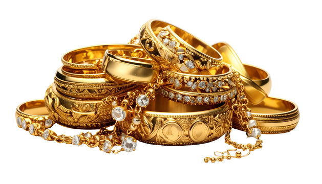A radiant pile of golden rings, bracelets and chains, some with sparkling gems