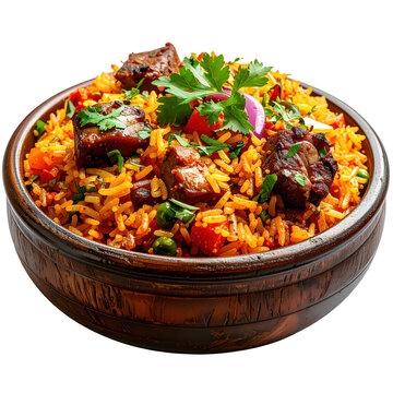 An overhead shot of riz gras, emphasizing the dish's rich texture and colorful composition, cleanly isolated on a white background