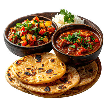 An overhead shot of the complete sadza and nyama stew meal, showcasing the traditional presentation, isolated on a white background