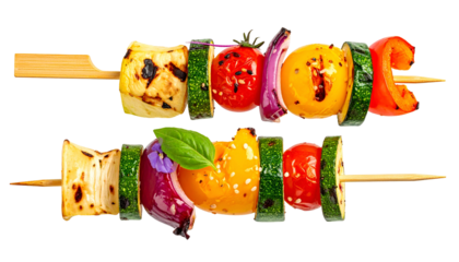 Grilled vegetable skewers on bamboo, showcasing colorful peppers, zucchini, and tomatoes
