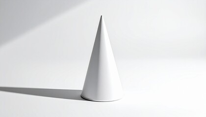 Fototapeta premium White upright cone casting shadow on flat surface with light source, emphasizing geometry and symmetry