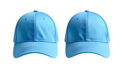 Two identical light-blue baseball caps, angled slightly, isolated on a black background